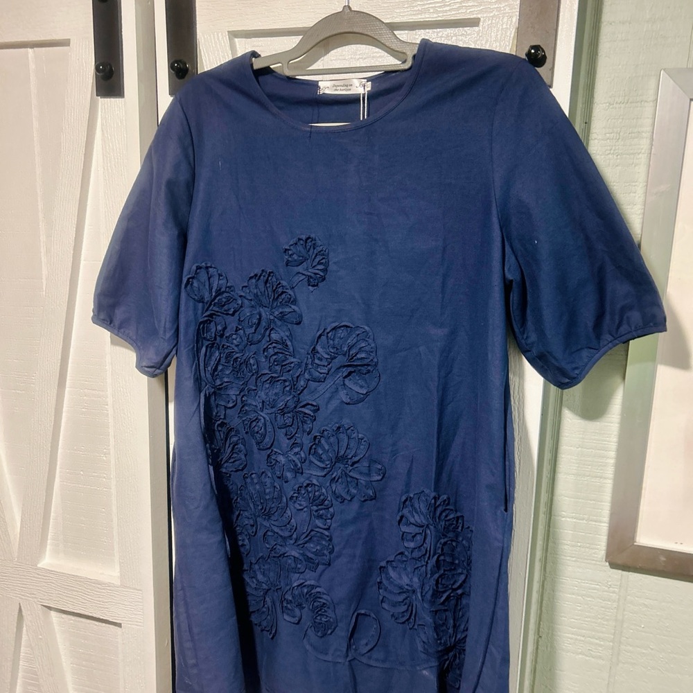 “Depending on the Horizon” Navy Blue Cotton Shift Dress with Floral Embroidery